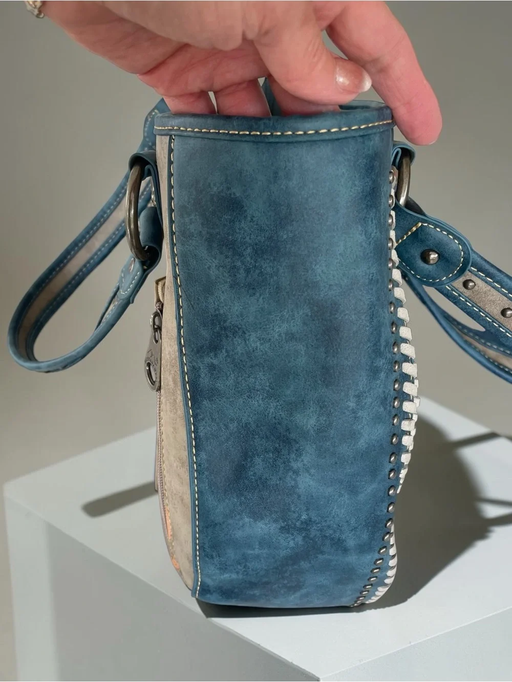 NWOT Montana West Turquoise Tooled Faux Leather Studded Western Tote Handbag